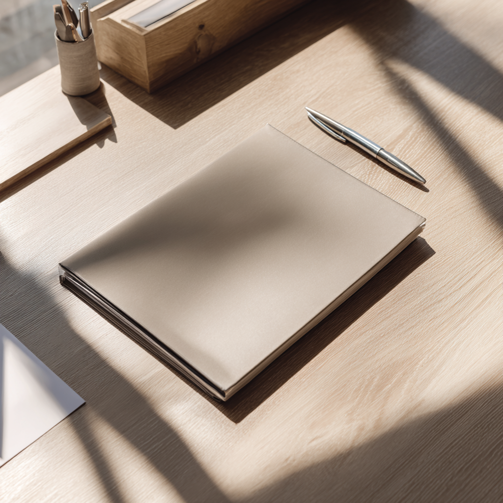 Minimalist wooden desk with a closed folder and silver pen in natural sunlight